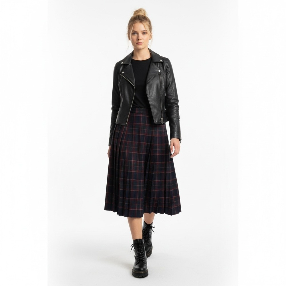 Vintage Tartan Plaid Pleated Midi Skirt Dark Academia Preppy Cottagecore 90s 20W